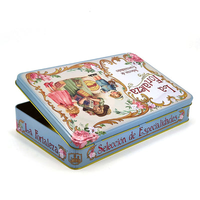 Custom European Vintage Style Rectangle Hinged Tin Box | Powder Blue Gold Scroll Pink Rose Victorian Children Full-Color Print for Cookie Tea Candy & Premium Gift Tin Packaging | MOQ 100 pcs