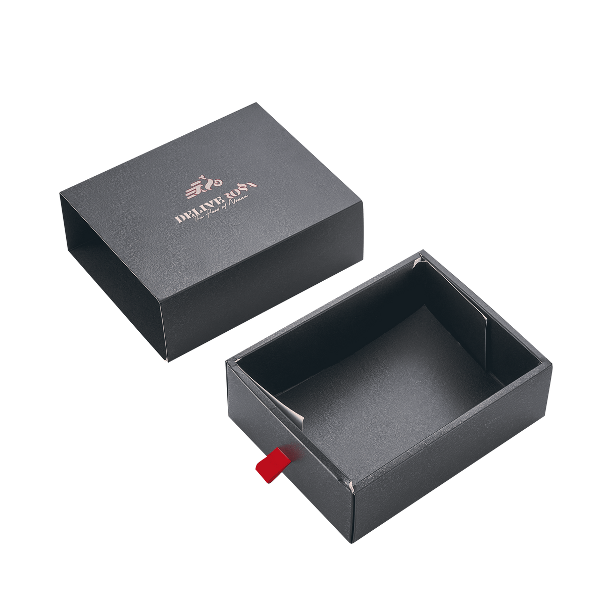 Custom Matte Black Drawer Gift Box | Red Foil Logo & Brand Slogan Red Ribbon Pull for Apparel Footwear Beauty & Luxury Fashion Brand Retail Packaging | MOQ 100 pcs