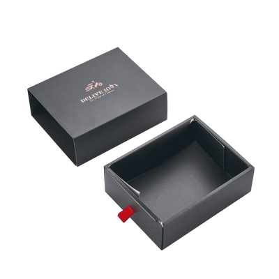 Custom Matte Black Drawer Gift Box | Red Foil Logo & Brand Slogan Red Ribbon Pull for Apparel Footwear Beauty & Luxury Fashion Brand Retail Packaging | MOQ 100 pcs