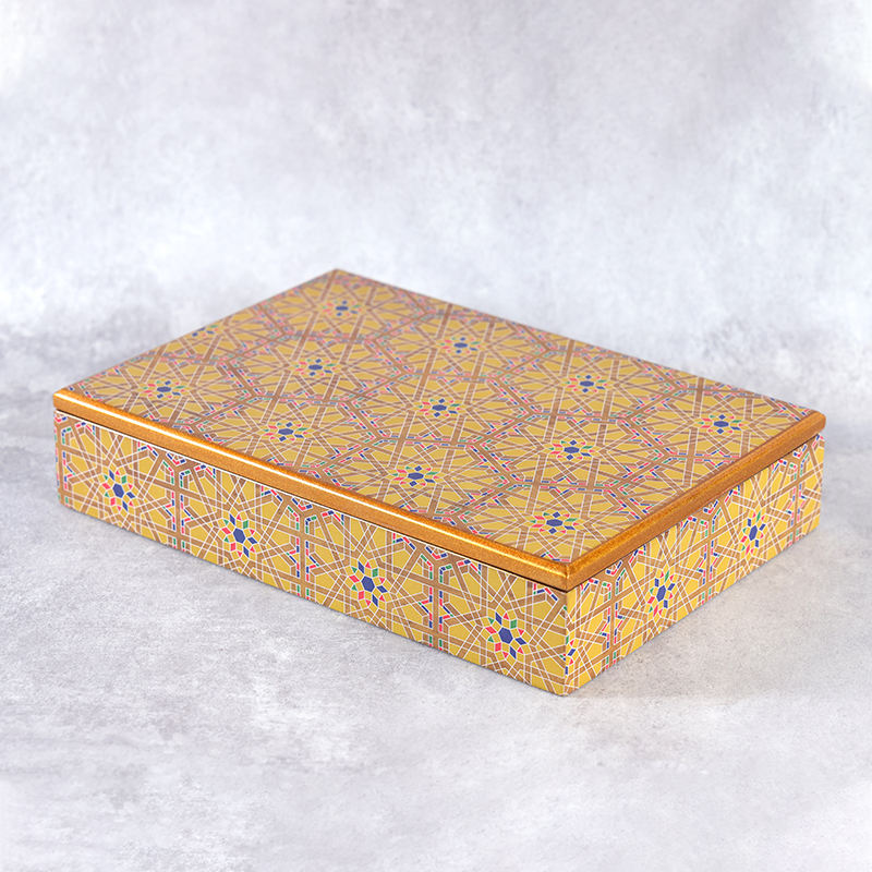 Custom Middle Eastern Arabic Geometric Pattern Luxury Wood Gift Box | Gold Metal Edge Frame Black Velvet Interior Multi-Layer for Dates Chocolate Candy Dry Fruit Ramadan Eid & Wedding Premium Gift | MOQ 100 pcs