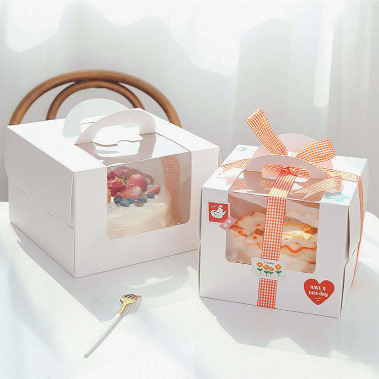 Custom White Clear PVC Window Whole Cake Carry Box with Handle | Plain White with Ribbon Option for 6 8 10 Inch Cake Bakery Dessert Shop Takeaway Packaging | MOQ 100 pcs