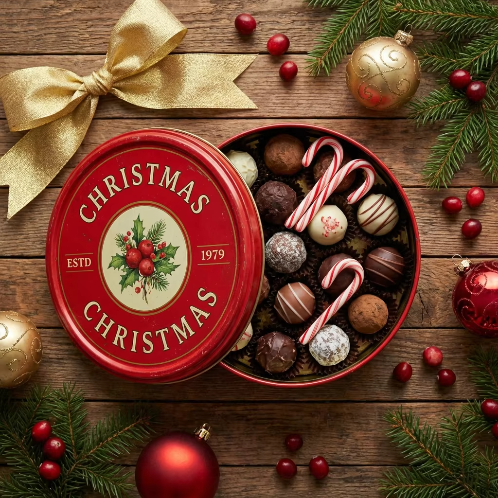 Custom Classic Christmas Round Cookie Tin | Red Green Gold Christmas Tree Reindeer Holly Stripe with Full-Color Festive Lid Scene Print for Holiday Cookie Candy & Gift Tin Packaging | MOQ 100 pcs