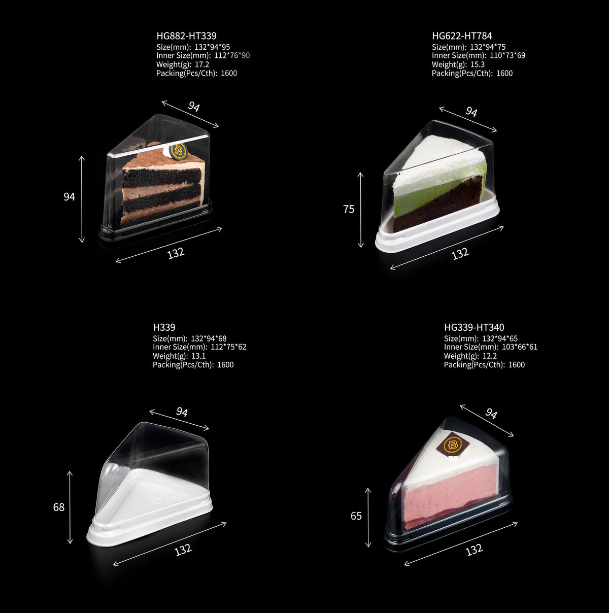 Clear PET Triangle Cake Slice Box with White or Black Tray | Transparent Dome Lid Single Serving Packaging for Bakery Dessert Shop & Cafe Takeaway Display | MOQ 100 pcs