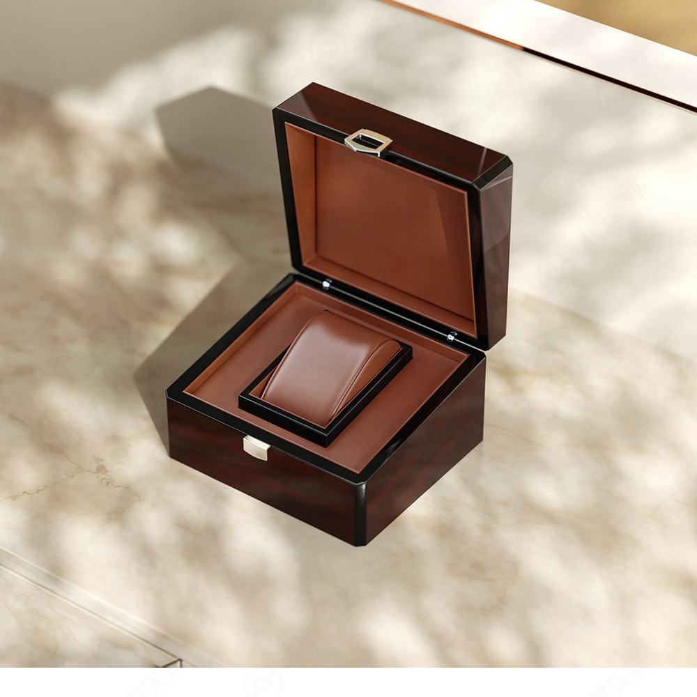 Custom Single Watch Wood Box | Deep Red High-Gloss Piano Lacquer Silver Front Clasp Brown Velvet Watch Pillow Interior for Luxury Watch Brand & Retailer Premium Gift Packaging | MOQ 100 pcs