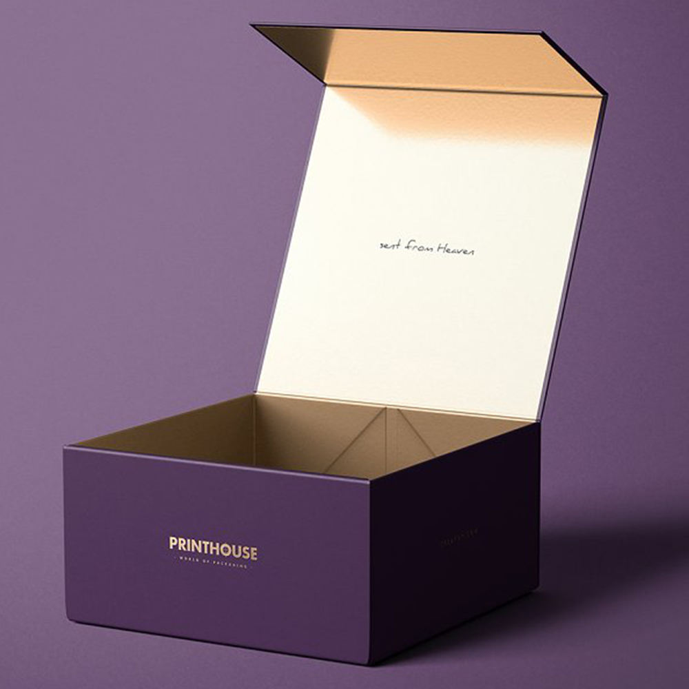 Caja de regalo magnética mate Deep Purple personalizada | Logotipo de lámina dorada y forro interior dorado | Tamaño grande para sets de regalo de ropa de lujo, cajas de suscripción y regalos corporativos | MOQ 100 unidades