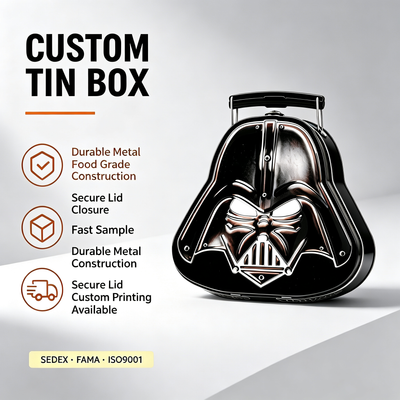 Custom Darth Vader Helmet Shape Tin Box | 3D Embossed Black with Metal Handle & Clasp Food Grade Sci-Fi Collector Tin for Candy Cookie & Character Brand Gift Packaging | MOQ 100 pcs
