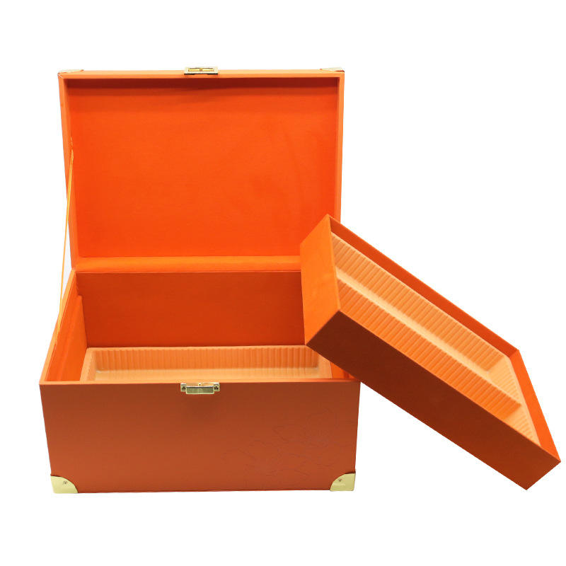 Custom Hermes Orange Litchi Grain PU Leather Large Wood Gift Trunk Box | Gold Corner Guards Front Clasp Leather Handle Top Brand Logo Hot Stamp for Beauty Skincare Jewelry Luxury Brand Premium Gift Set | MOQ 100 pcs