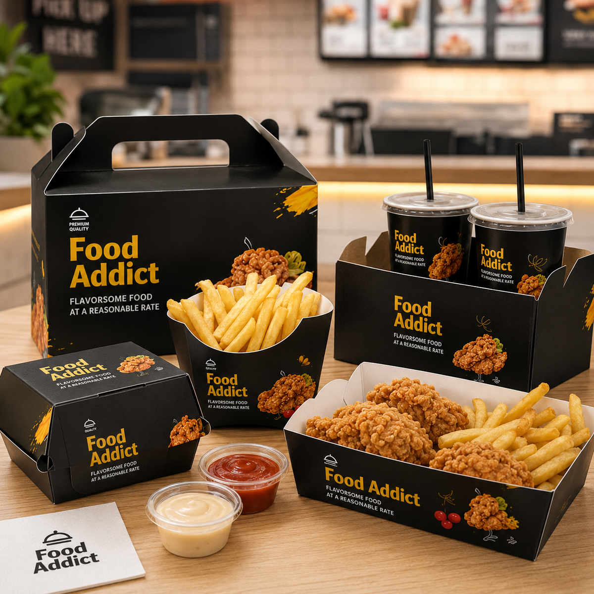 Set de embalaje personalizado negro para comida rápida | Vasos y bolsas para pollo frito y hamburguesas con logo | Cantidad mínima de pedido: 100 unidades