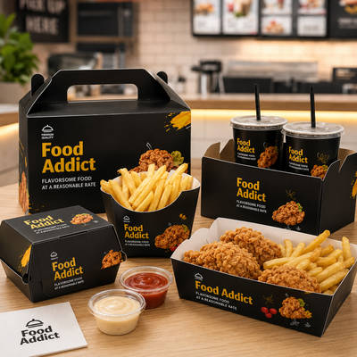 Set de embalaje personalizado negro para comida rápida | Vasos y bolsas para pollo frito y hamburguesas con logo | Cantidad mínima de pedido: 100 unidades