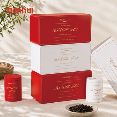 Custom Premium Tea Gift Set Tin Box | Rectangle Tray with 2 Round Tea Caddies Gold Foil Script Print Foam Interior Red or White for Black Tea Green Tea Coffee & Luxury Brand Gift Set | MOQ 100 pcs