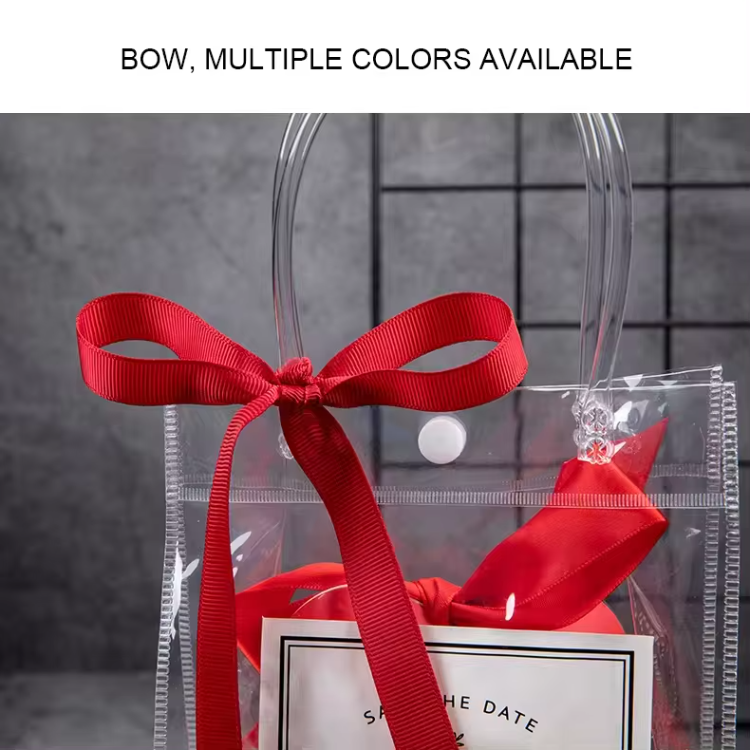 Custom Crystal Clear PVC Tote Shopping Bag | Transparent Tube Handle Rivet Closure Multi-Size Brand Logo Print for Gift Beauty Fashion Retail Wedding Event Party Favor Packaging | MOQ 100 pcs
