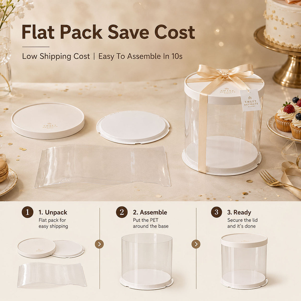 Caja Redonda Transparente de PET con Cilindro para Tartas Completas | Grado Alimenticio Transparente con Tapa y Base Blanca Multi-Tamaño para Panaderías Bodas Cumpleaños y Tiendas de Postres | MOQ 100 unidades