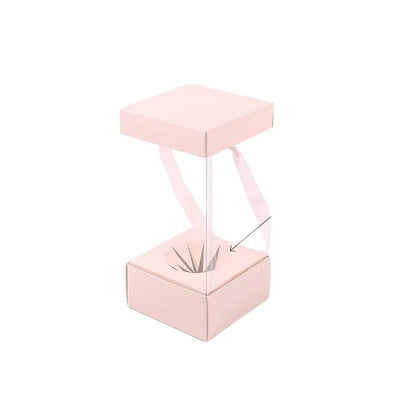 Custom Clear PVC Flower Bouquet Display Tote Box | Cardboard Lid & Base Satin Ribbon Handle Pink White Cream for Fresh Rose Crochet Flower Mother's Day Wedding Bridal Gift Packaging | MOQ 100 pcs