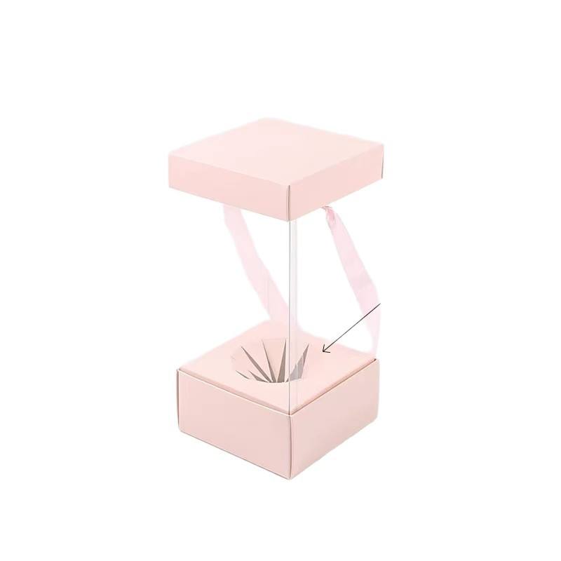 Custom Clear PVC Flower Bouquet Display Tote Box | Cardboard Lid & Base Satin Ribbon Handle Pink White Cream for Fresh Rose Crochet Flower Mother's Day Wedding Bridal Gift Packaging | MOQ 100 pcs