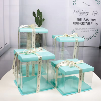 Custom Clear PVC Cake Display Gift Box | White Cardboard Lid & Base Satin Ribbon Bow Multi-Height Sizes for Birthday Cake Dessert Flower Gift Brand Packaging | MOQ 100 pcs
