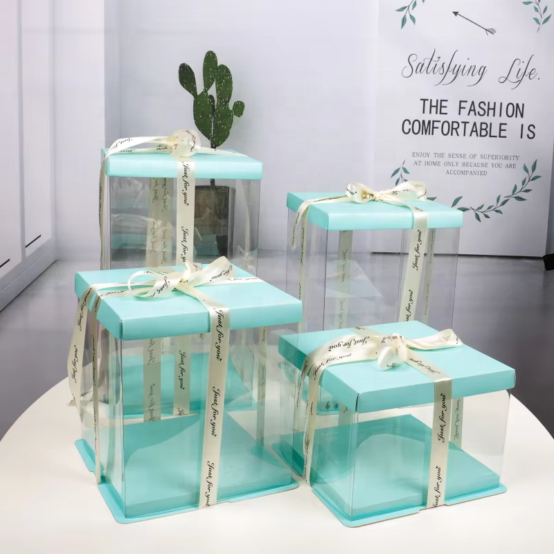 Custom Clear PVC Cake Display Gift Box | White Cardboard Lid & Base Satin Ribbon Bow Multi-Height Sizes for Birthday Cake Dessert Flower Gift Brand Packaging | MOQ 100 pcs