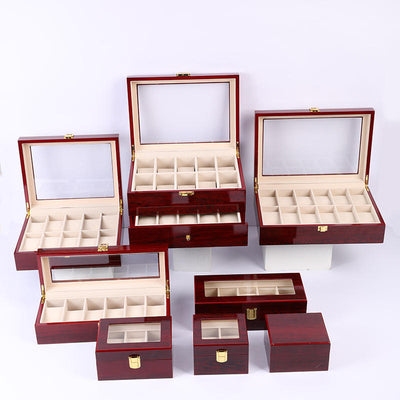 Custom Deep Red Piano Lacquer Glass Lid Multi-Slot Watch Display Wood Box | Gold Metal Clasp Cream Velvet Watch Pillows 1-3 / 5 / 10 / 12 Slot Options for Watch Brand & Retailer Display Gift | MOQ 100 pcs