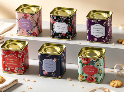 Custom Small Square Floral Romantic Tin Can with Gold Rim | 5.5x5.5x6cm Multi-Color Romantic Happiness Best Wishes Print for Tea Candy Aromatherapy & Small Gift Tin Packaging | MOQ 100 pcs
