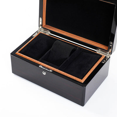 Custom Piano Lacquer Solid Wood Watch Box | 2-3 Slot High-Gloss Dark Brown or Black Natural Wood Edge Black Velvet Lining Watch Pillow Metal Hinge Lock for Luxury Watch Jewelry Brand Gift | MOQ 100 pcs