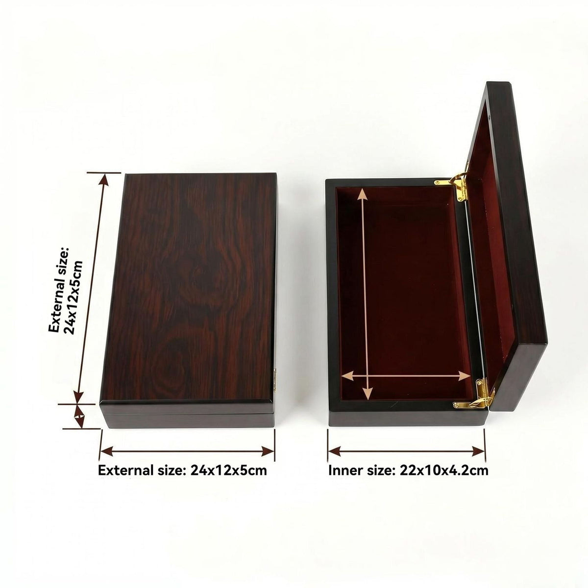 Custom Dark Brown High-Gloss Piano Lacquer Multi-Size Hinged Wood Gift Box | Gold Hinge Wine Red Velvet Interior Minimalist Clasp-Free Design Rectangle Square Slim Sizes for Pen Watch Jewelry Perfume Brand Premium Gift | MOQ 100 pcs