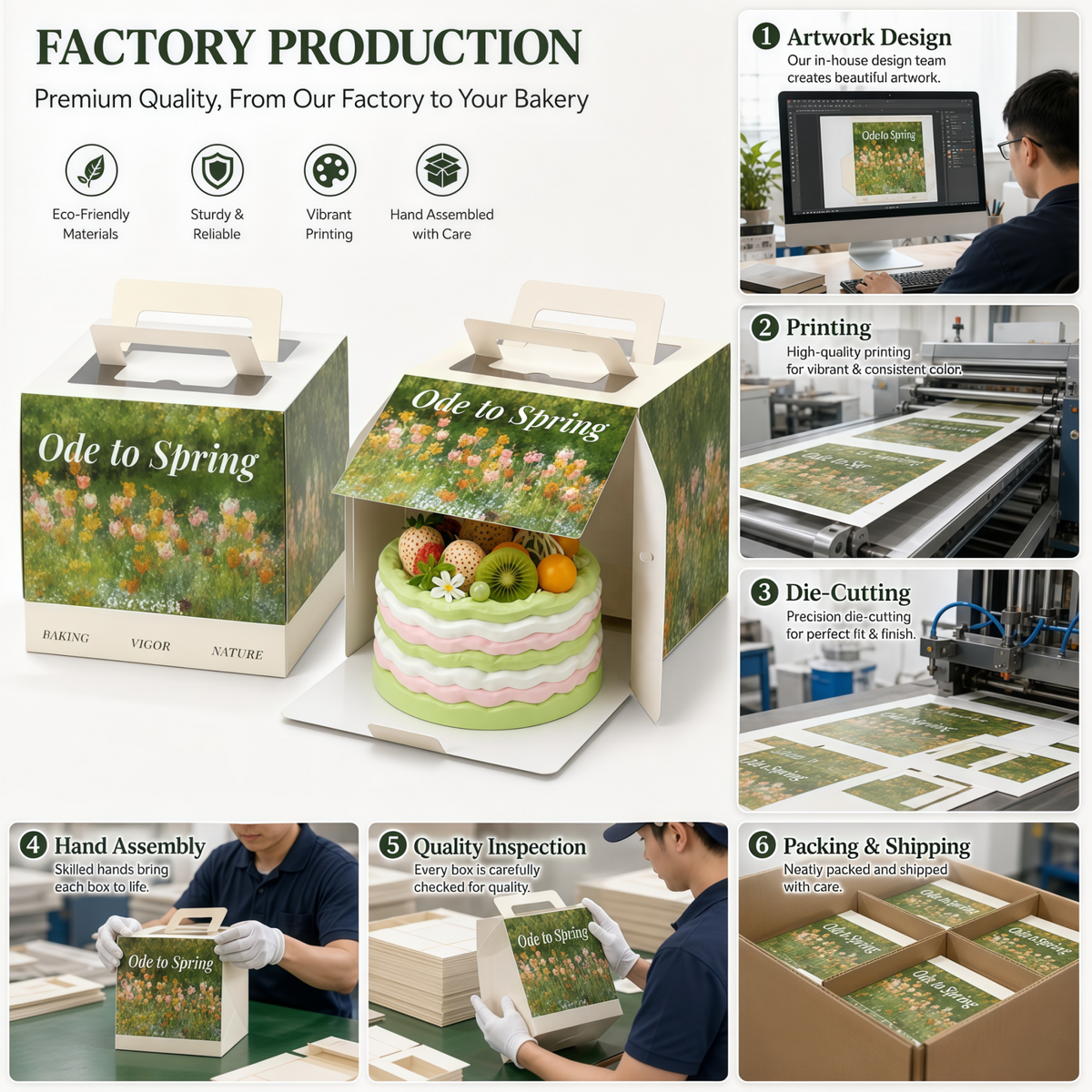 Caja para Tartas Enteras con Asa, Impresión a Todo Color Personalizada y Apertura Frontal | Estampado Botánico de Pintura al Óleo para Presentación de Tartas Premium de Panadería, Boda y Vacaciones de 6 y 8 Pulgadas | MOQ 100 unidades