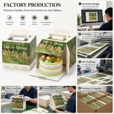 Caja para Tartas Enteras con Asa, Impresión a Todo Color Personalizada y Apertura Frontal | Estampado Botánico de Pintura al Óleo para Presentación de Tartas Premium de Panadería, Boda y Vacaciones de 6 y 8 Pulgadas | MOQ 100 unidades