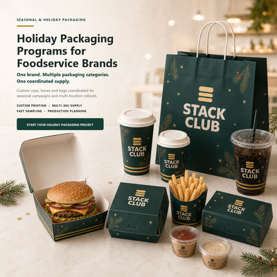 Custom Holiday Christmas Fast Food Paper Box Set | Burger Box Fry Cup Carry Box & Paper Bag | MOQ 100 pcs