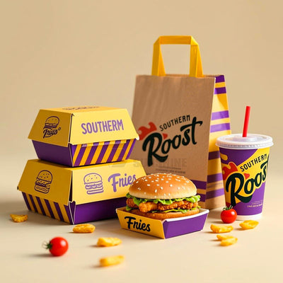 Juego de embalaje personalizado para comida rápida | Cajas de hamburguesas, vasos para patatas fritas y bolsas de papel con logo | MOQ 100 unidades