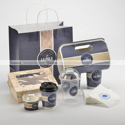 Juego de embalaje personalizado de papel kraft para llevar | Vasos para sopa, fiambreras, cajas para hamburguesas y bolsas de papel con logo | MOQ 100 unidades