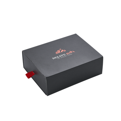 Custom Matte Black Drawer Gift Box | Red Foil Logo & Brand Slogan Red Ribbon Pull for Apparel Footwear Beauty & Luxury Fashion Brand Retail Packaging | MOQ 100 pcs