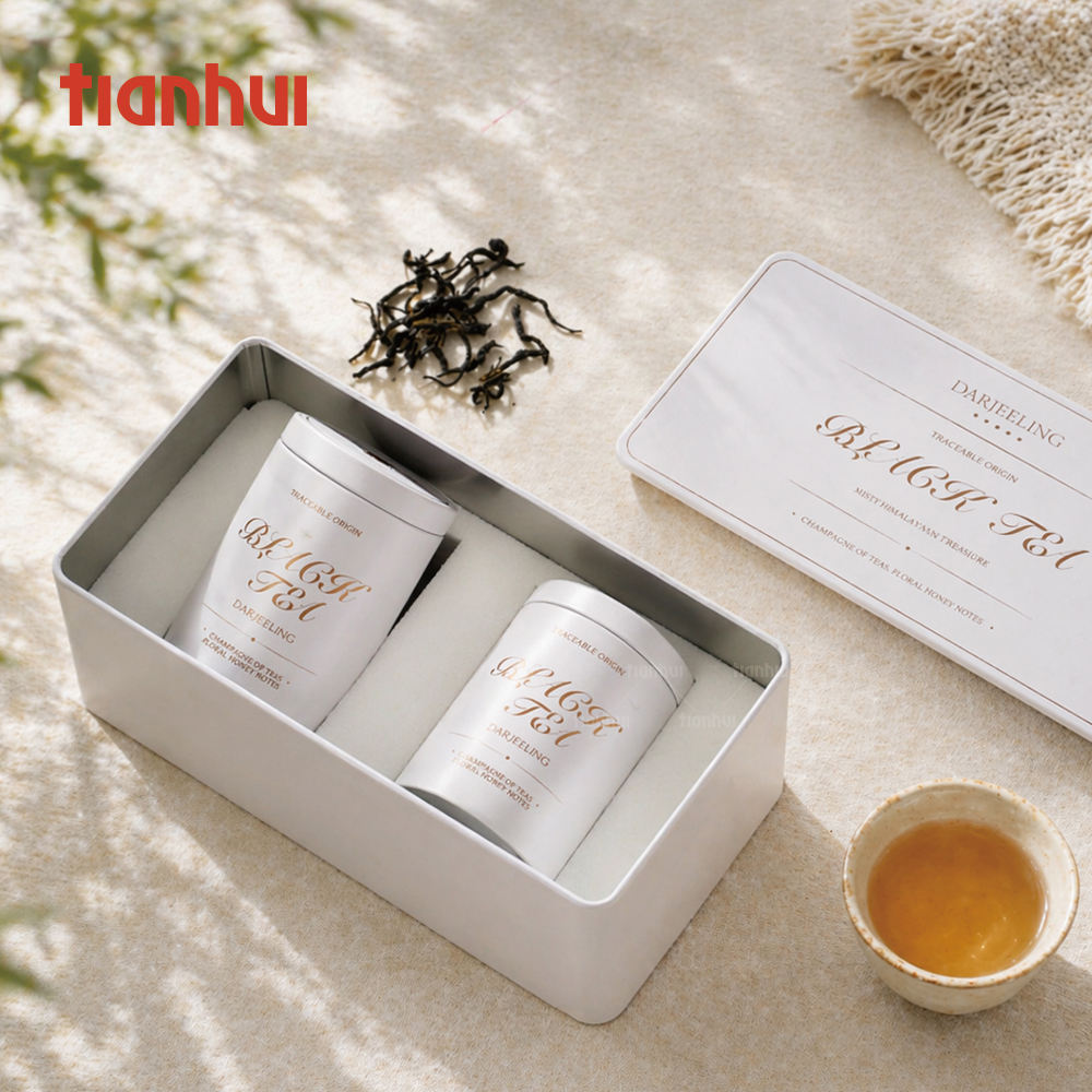 Custom Premium Tea Gift Set Tin Box | Rectangle Tray with 2 Round Tea Caddies Gold Foil Script Print Foam Interior Red or White for Black Tea Green Tea Coffee & Luxury Brand Gift Set | MOQ 100 pcs