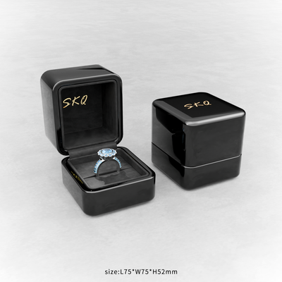 Custom Black Piano Lacquer Jewelry Wood Box Set | Large Hinged Box with Pull-Out Drawer + LED Ring Box Black Suede Interior Gold Metal Hinge Lock Brand Hot Stamp for Fine Jewelry Brand Gift | MOQ 100 pcs