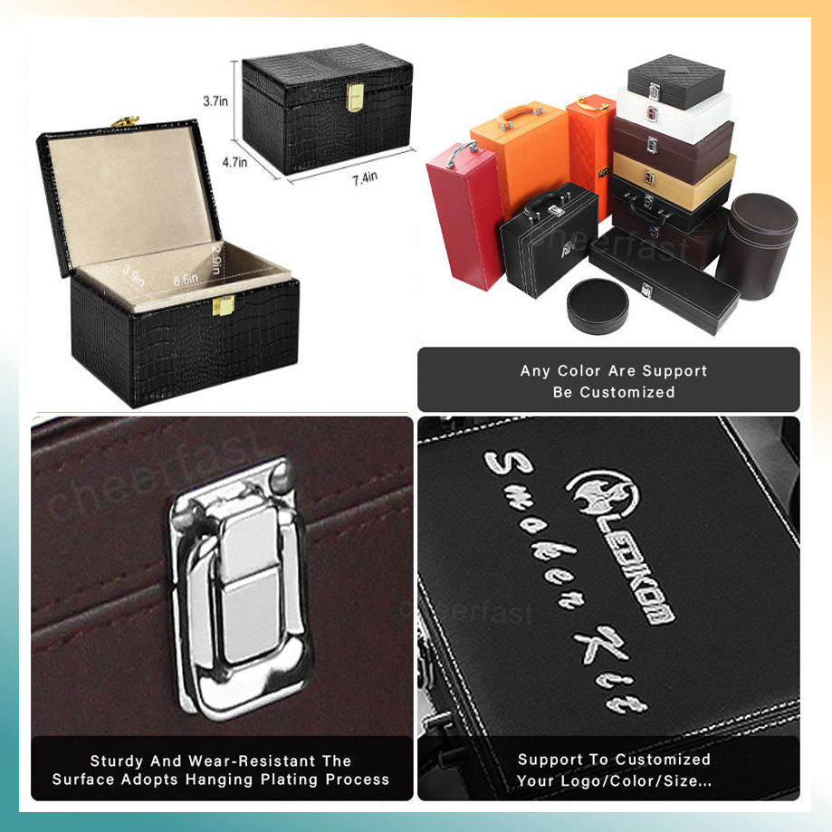 Custom Large Briefcase Style Wood Box | Black Matte Wood Grain Gold Metal Clasp & Handle Red Satin Interior Inner Lid Brand Logo Print for Beauty Skincare Perfume Jewelry Wine Gift Set | MOQ 100 pcs