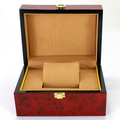 Custom Single Watch Wood Box | Deep Red Piano Lacquer Gold Top Clasp & Front Lock Beige Suede Watch Pillow Interior Black Edge Contrast for Luxury Watch Brand Premium Gift Packaging | MOQ 100 pcs