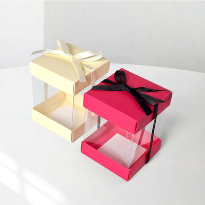 Custom Clear PVC Four-Side Window Gift Display Box | Colored Cardboard Lid & Base Satin Ribbon Bow Multi-Size for Preserved Rose Plush Doll Jewelry Holiday Premium Gift Brand Packaging | MOQ 100 pcs