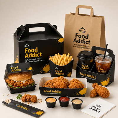 Set de embalaje personalizado negro para comida rápida | Vasos y bolsas para pollo frito y hamburguesas con logo | Cantidad mínima de pedido: 100 unidades