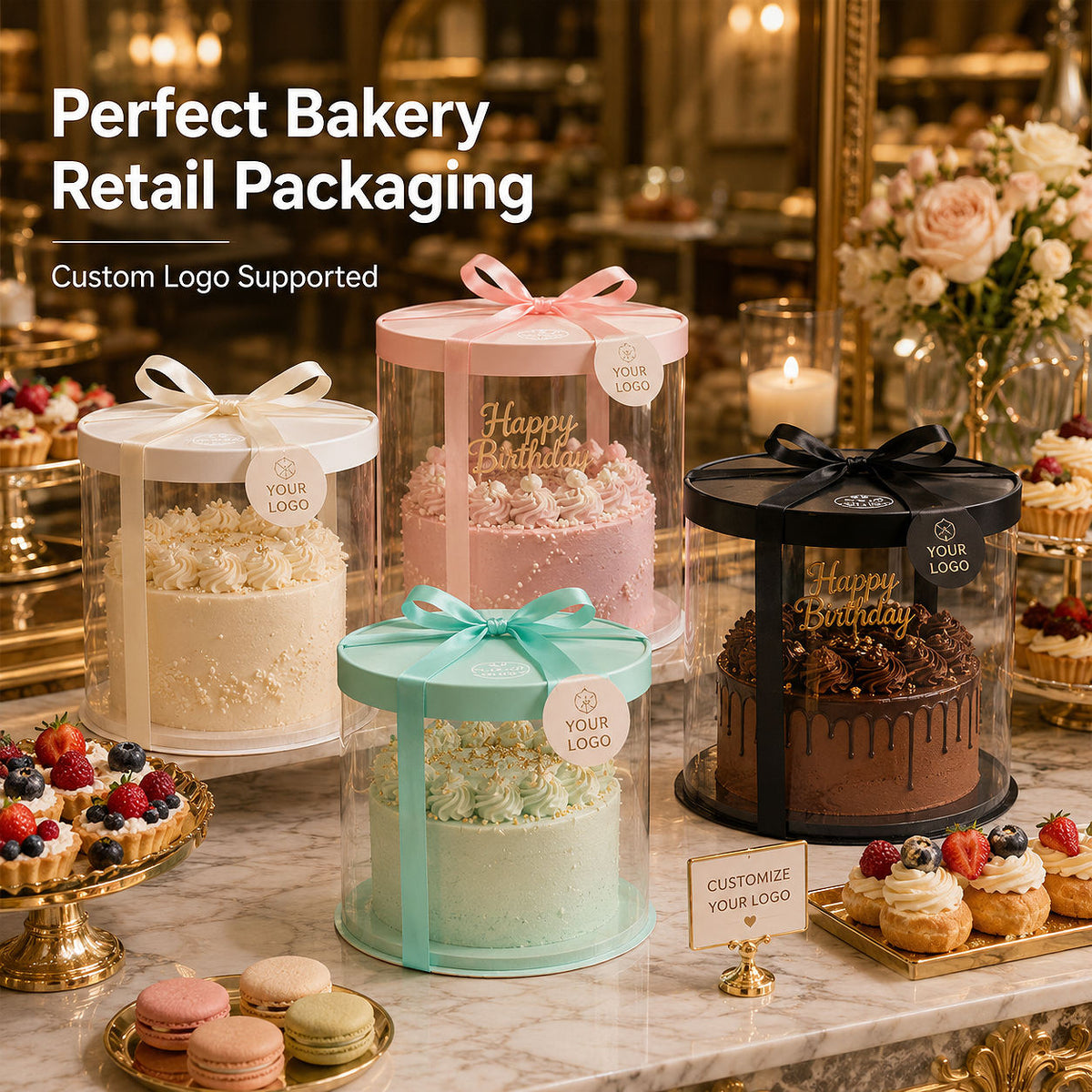 Caja Redonda Transparente de PET con Cilindro para Tartas Completas | Grado Alimenticio Transparente con Tapa y Base Blanca Multi-Tamaño para Panaderías Bodas Cumpleaños y Tiendas de Postres | MOQ 100 unidades