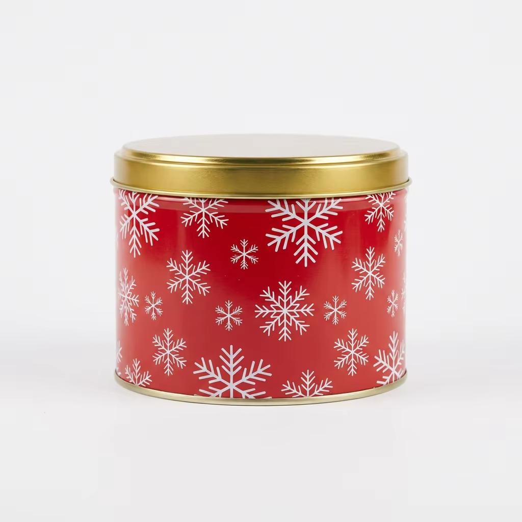 Custom Classic Christmas Round Cookie Tin | Red Green Gold Christmas Tree Reindeer Holly Stripe with Full-Color Festive Lid Scene Print for Holiday Cookie Candy & Gift Tin Packaging | MOQ 100 pcs