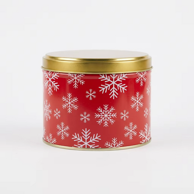Custom Classic Christmas Round Cookie Tin | Red Green Gold Christmas Tree Reindeer Holly Stripe with Full-Color Festive Lid Scene Print for Holiday Cookie Candy & Gift Tin Packaging | MOQ 100 pcs