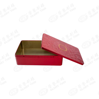 Custom Large Rectangle Chinese Style Embossed Peony Tin Box | Red Full-Surface 3D Floral Emboss Gold Brand Badge Print Hinged Lid for Mooncake Pastry & Premium Mid-Autumn Spring Festival Gift Tin | MOQ 100 pcs