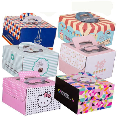 Custom Full-Color Print Paper Cake Carry Box with Handle | Birthday Circus Geometric & Theme Print for Whole Cake Bakery Dessert Shop Takeaway Packaging | MOQ 100 pcs