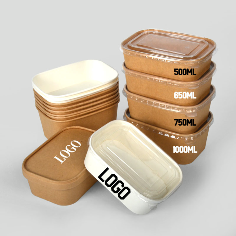 Custom Kraft Paper Square Food Containers with Lid | 500ml 650ml 750ml 1000ml Salad Lunch Box with Logo | MOQ 100 pcs