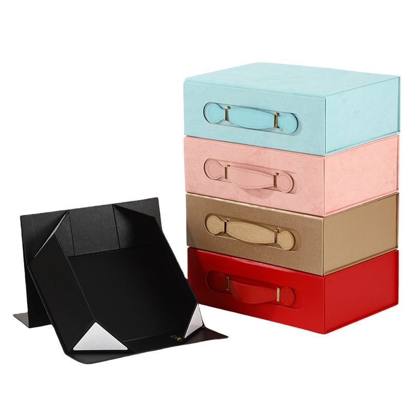Custom Briefcase Style Foldable Gift Box | Leather Handle & Gold Clasp Multi-Color for Beauty Holiday Corporate & Luxury Retail Gifts | MOQ 100 pcs