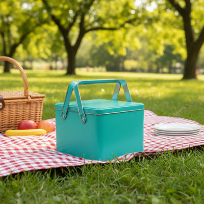 Custom Tiffany Green Square Picnic Tin Box with Dual Fold Metal Handle | Plain Color or Custom Print for Outdoor Picnic Baking Gift Food Storage Brand Packaging | MOQ 100 pcs