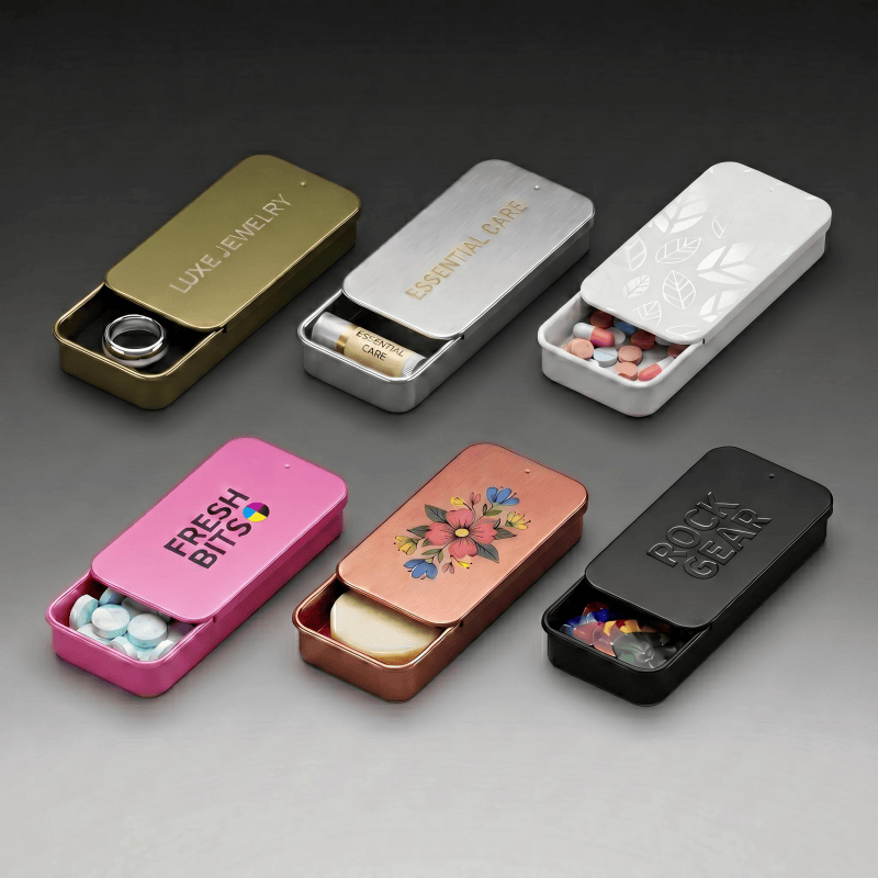 Custom Small Rectangle Slide Top Tin Box | Push-Pull Rounded Edge 6 Colors Gold Silver White Pink Rose Gold Black for Mint Candy Lip Balm Jewelry Essential Oil & Brand Promo Gift Tin | MOQ 100 pcs