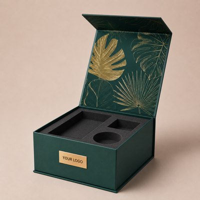 Custom Dark Green Magnetic Gift Box | Gold Foil Botanical Interior Print & EVA Foam Insert Gold Logo Plaque for Perfume Skincare Jewelry & Luxury Corporate Gifts | MOQ 100 pcs