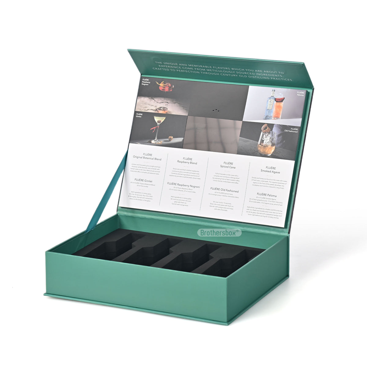 Caja de Regalo Magnética Verde Personalizada | Impresión a Todo Color en Tapa Negra e Inserto de Espuma EVA Multirranura para Whisky, Licores, Cerveza Artesanal y Sets de Regalo de Marcas de Bebidas Premium | MOQ 100 unidades