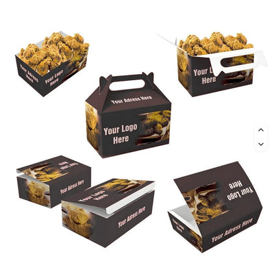 Cajas de papel personalizadas para pollo frito | Caja para pollo con tapa abatible y bandeja para alimentos con logo | Cantidad mínima de pedido: 100 unidades