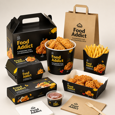 Set de embalaje personalizado negro para comida rápida | Vasos y bolsas para pollo frito y hamburguesas con logo | Cantidad mínima de pedido: 100 unidades