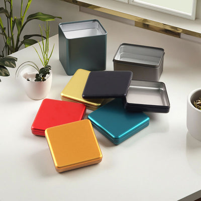 Custom 91x91x20mm Flat Square Rounded Corner Tin Box | Multi-Color Green Gray Gold Black Red Orange Teal Flat Press Lid Full-Color Print for Tea Jewelry Card Stationery & Small Brand Gift Tin | MOQ 100 pcs